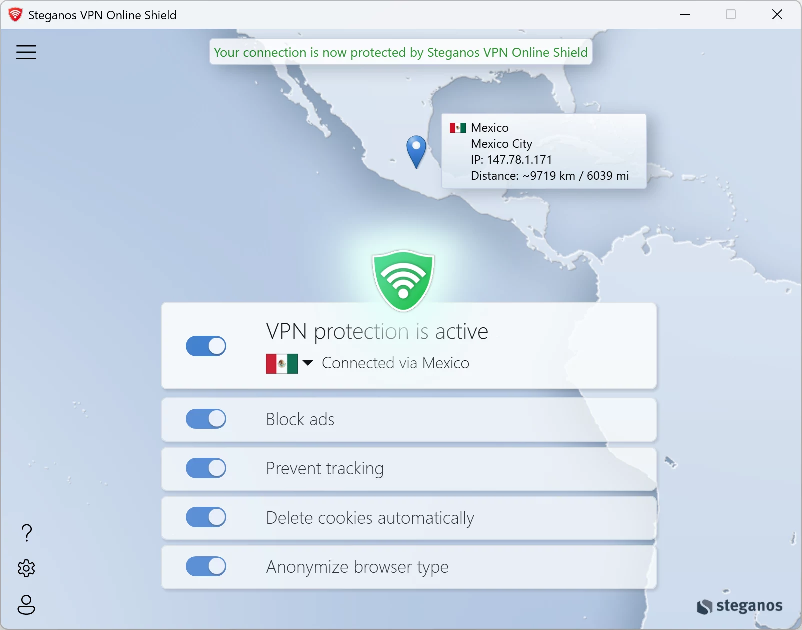Steganos VPN Online Shield &ndash; the four protection switches in the Windows app