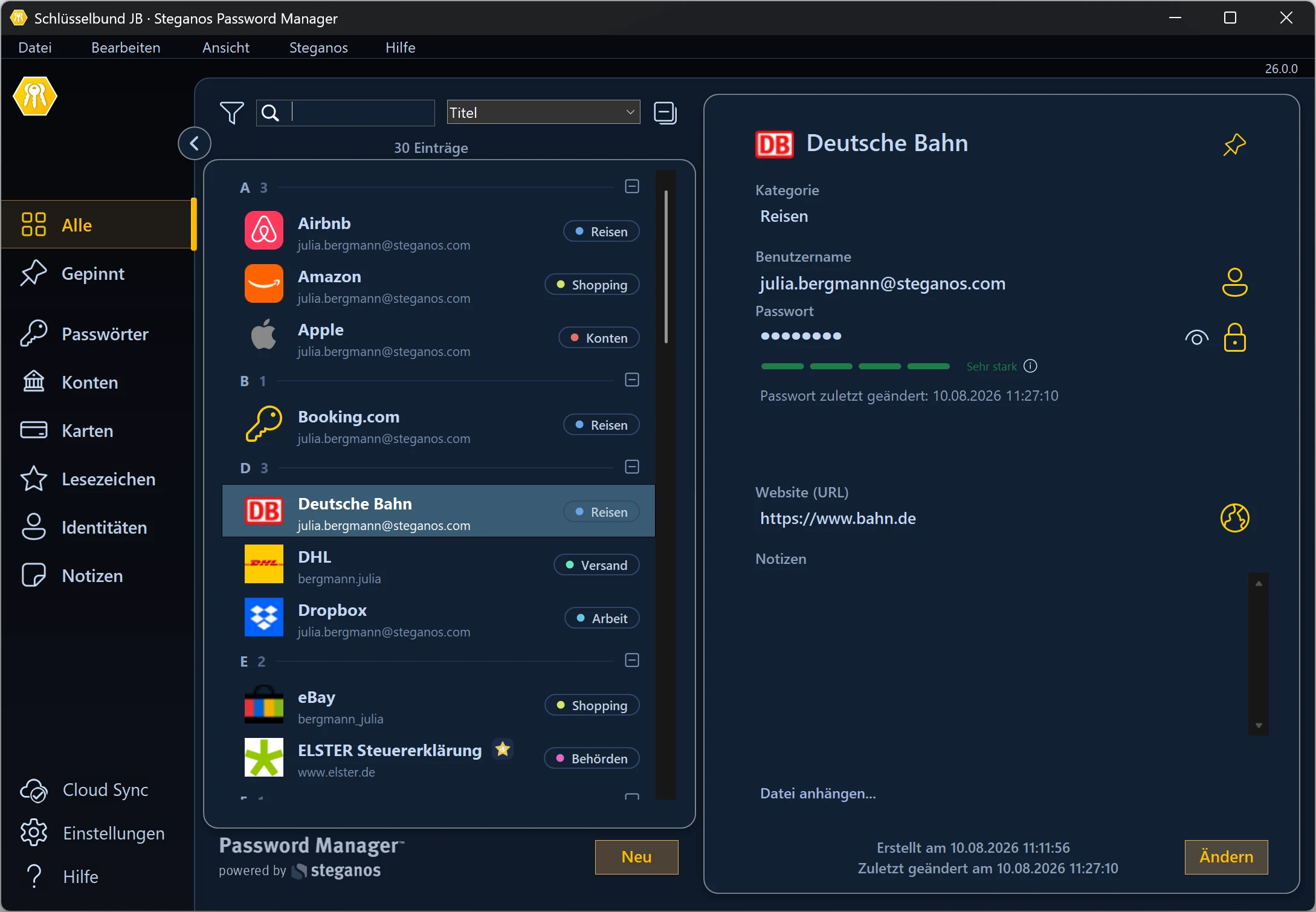 Steganos Passwort-Manager im Dark-Mode
